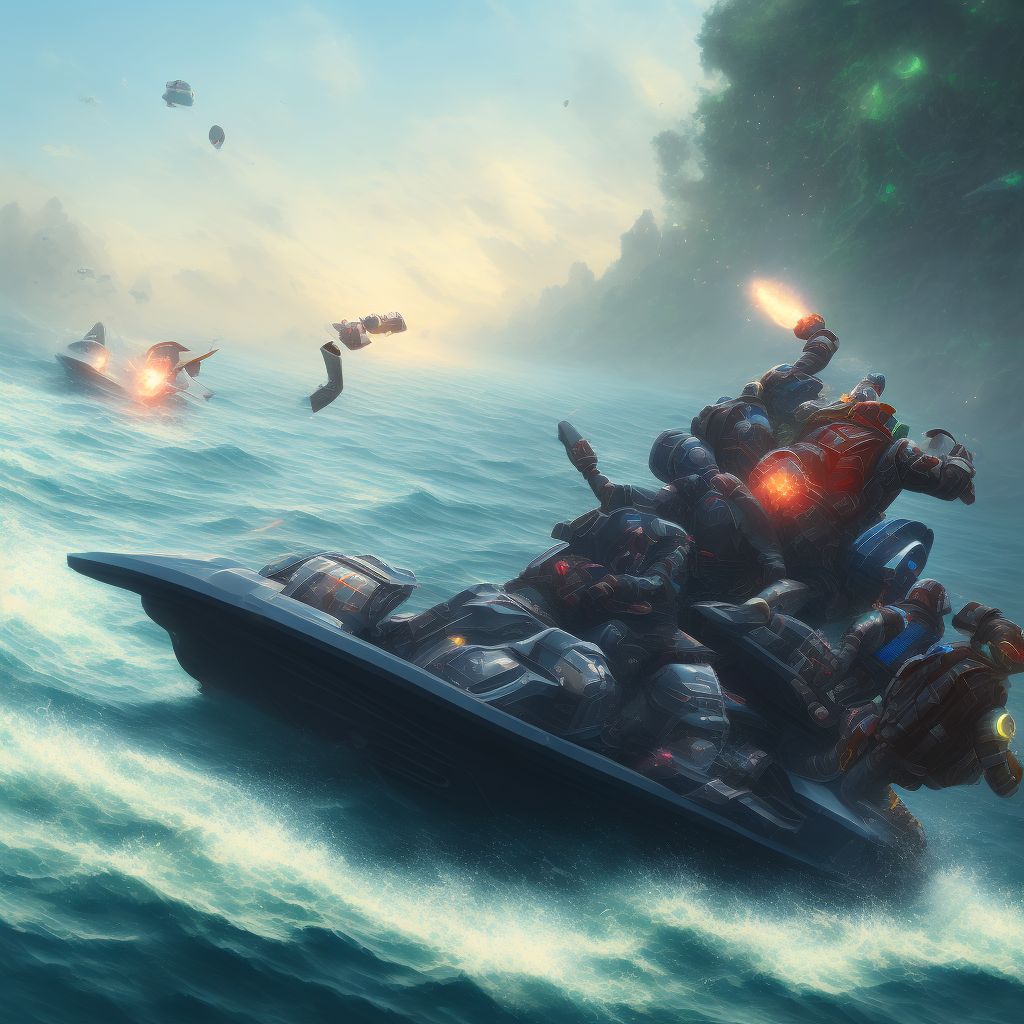 Struck by falling object on unspecified watercraft, initial encounter digital illustration