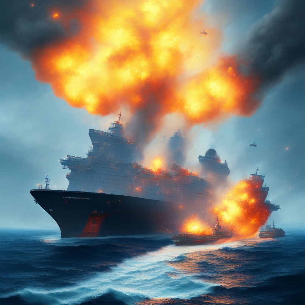 Explosion on board merchant ship, subsequent encounter digital illustration