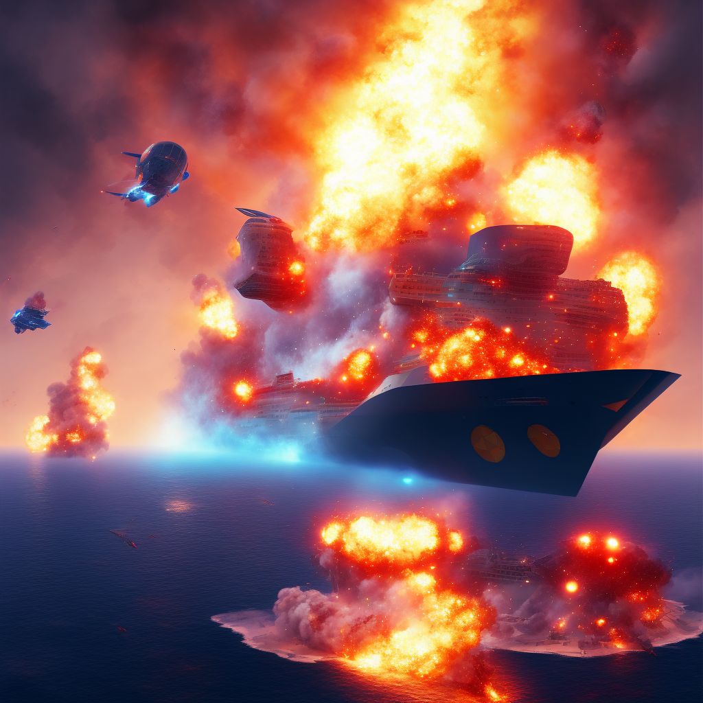 Explosion on board passenger ship, initial encounter digital illustration