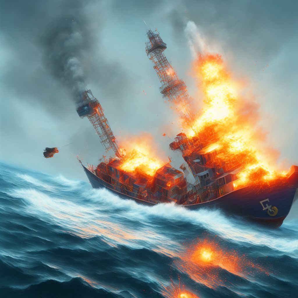 Explosion on board fishing boat, initial encounter digital illustration