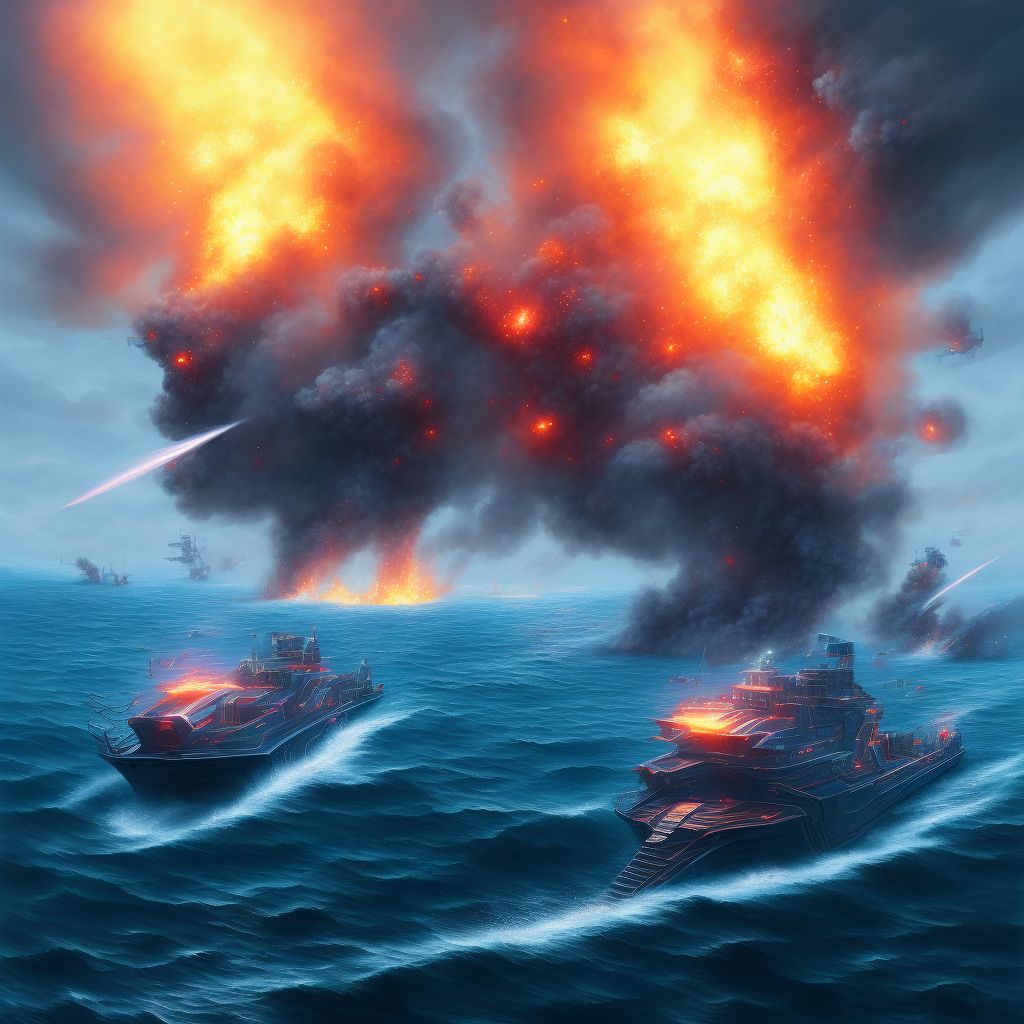 Explosion on board other powered watercraft, subsequent encounter digital illustration