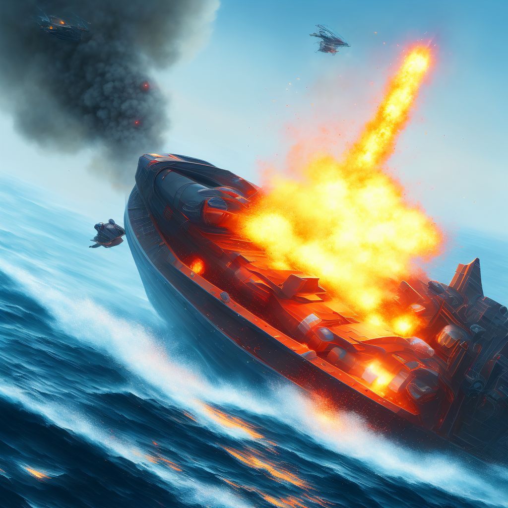 Explosion on board unspecified watercraft, subsequent encounter digital illustration