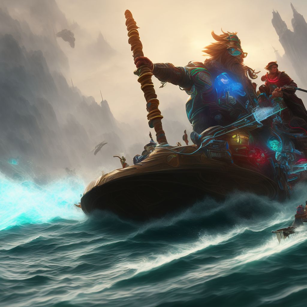 Rider of nonpowered watercraft struck by powered watercraft, initial encounter digital illustration