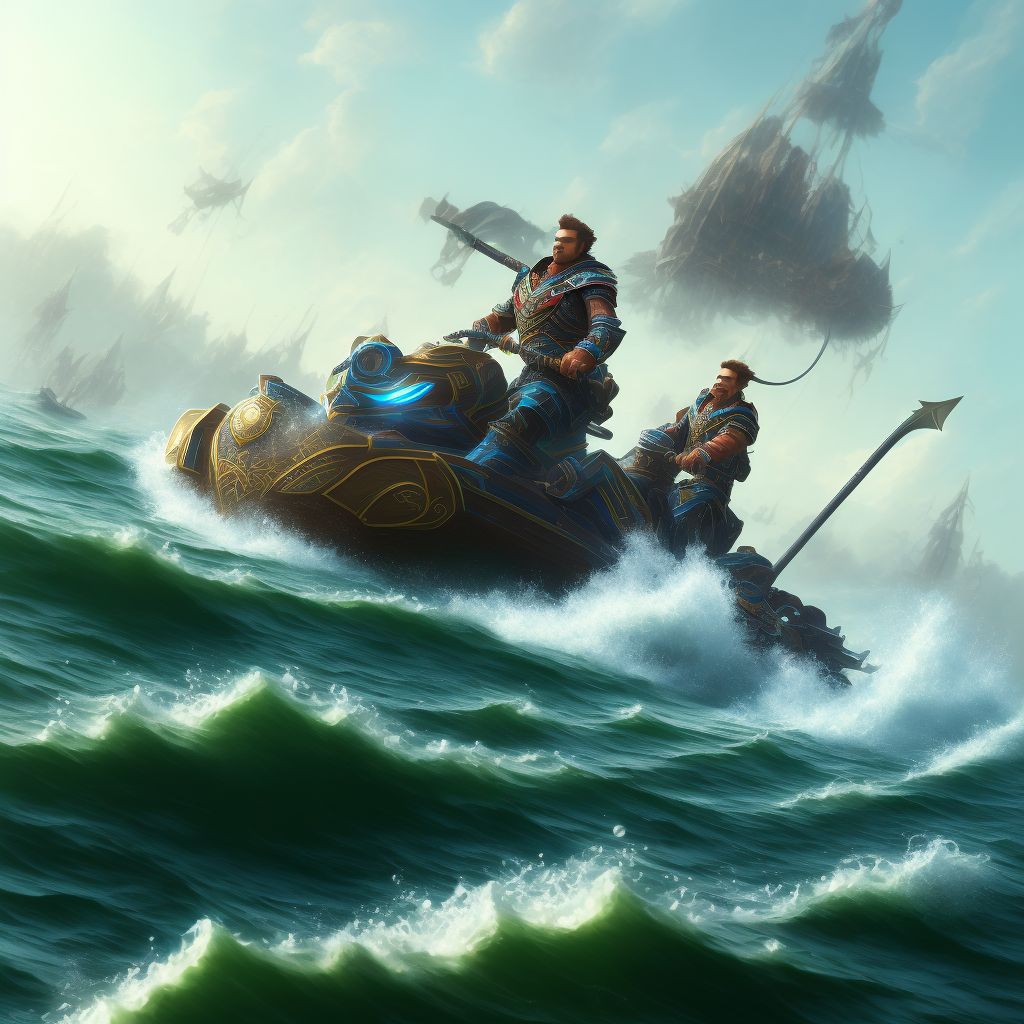 Rider of nonpowered watercraft struck by powered watercraft, sequela digital illustration