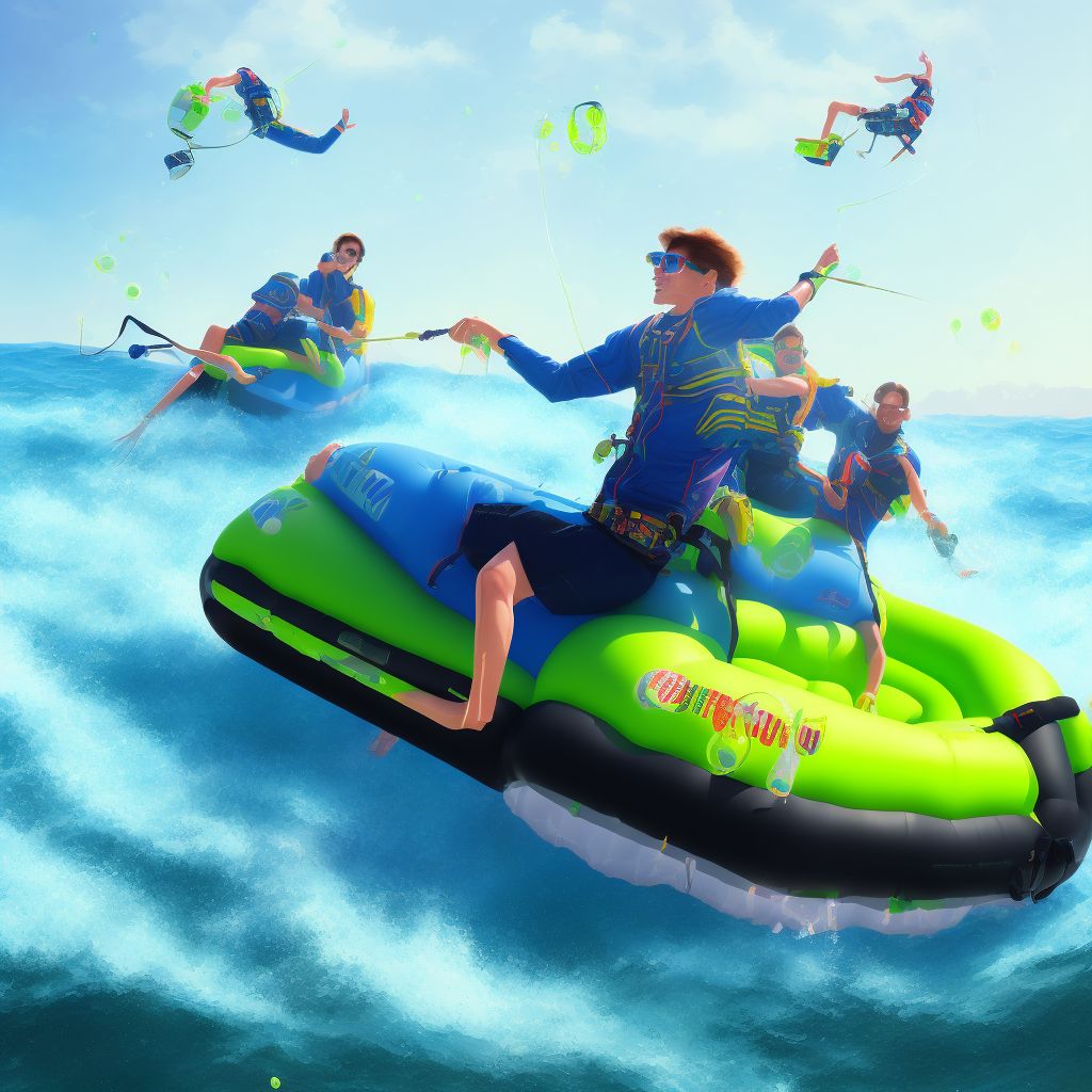 Injury to rider of (inflatable) recreational watercraft being pulled behind other watercraft, initial encounter digital illustration