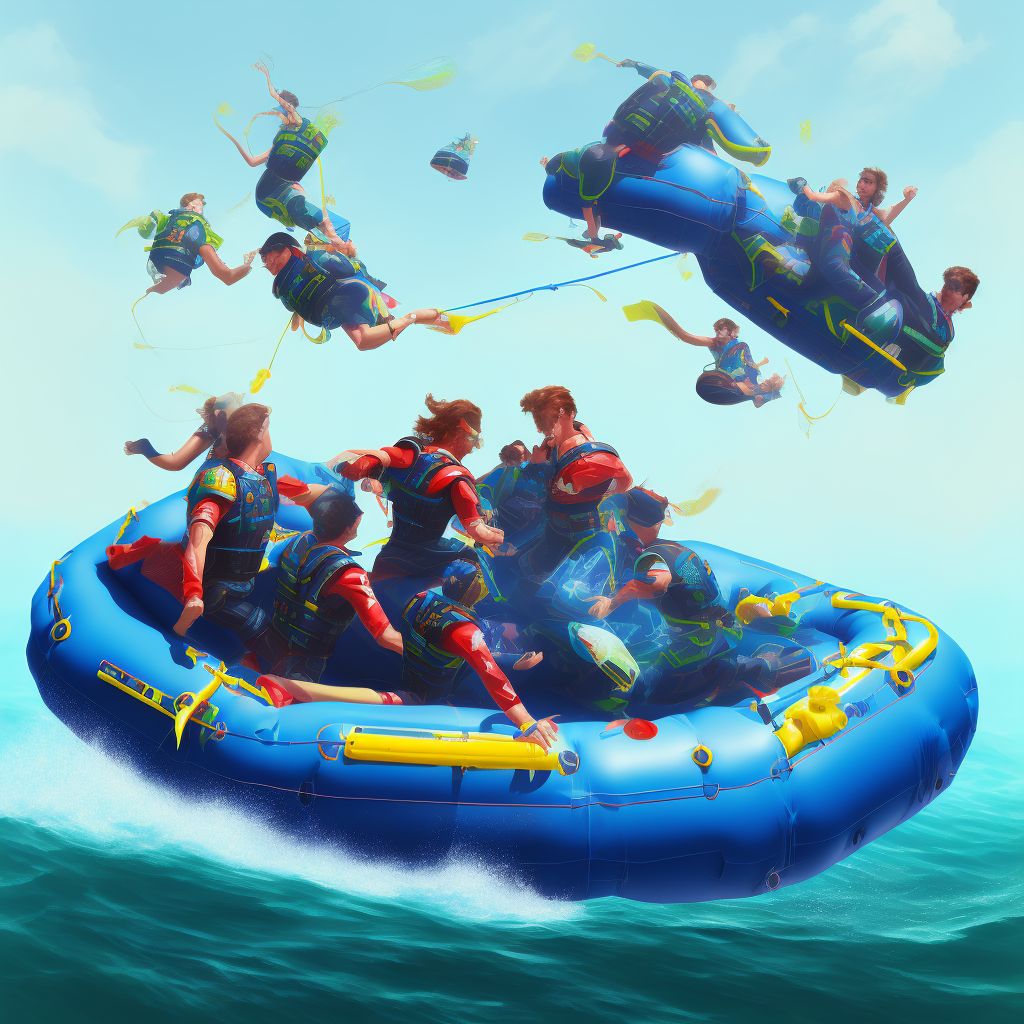 Injury to rider of (inflatable) recreational watercraft being pulled behind other watercraft, subsequent encounter digital illustration