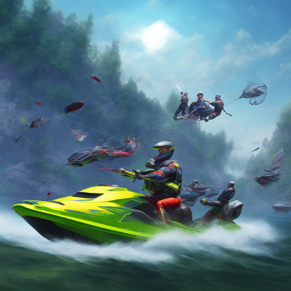 Injury to rider of non-recreational watercraft being pulled behind other watercraft, subsequent encounter digital illustration