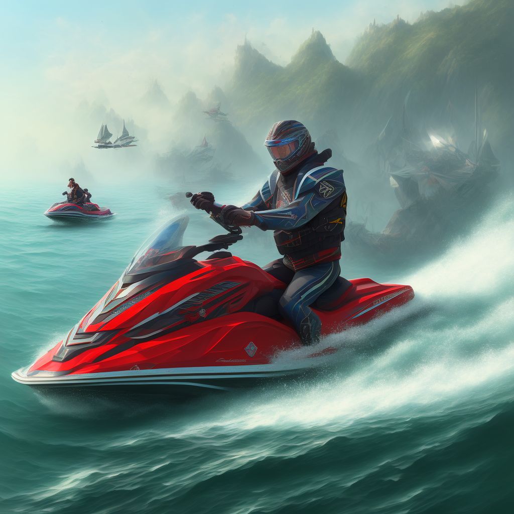 Injury to rider of non-recreational watercraft being pulled behind other watercraft, sequela digital illustration