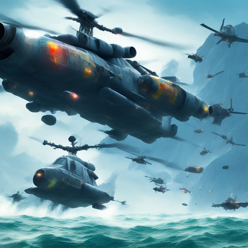 Civilian in water injured by military watercraft, sequela digital illustration