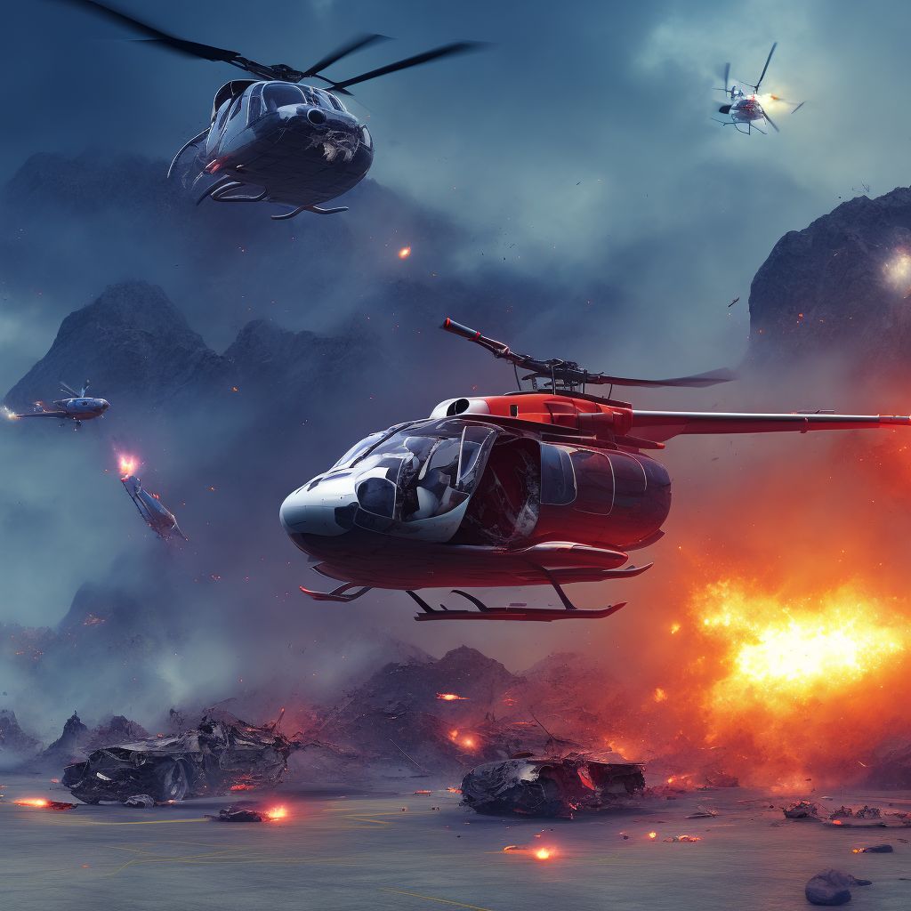 Helicopter crash injuring occupant, subsequent encounter digital illustration