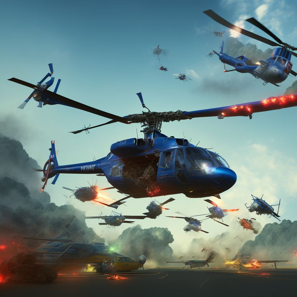 Helicopter collision injuring occupant, subsequent encounter digital illustration