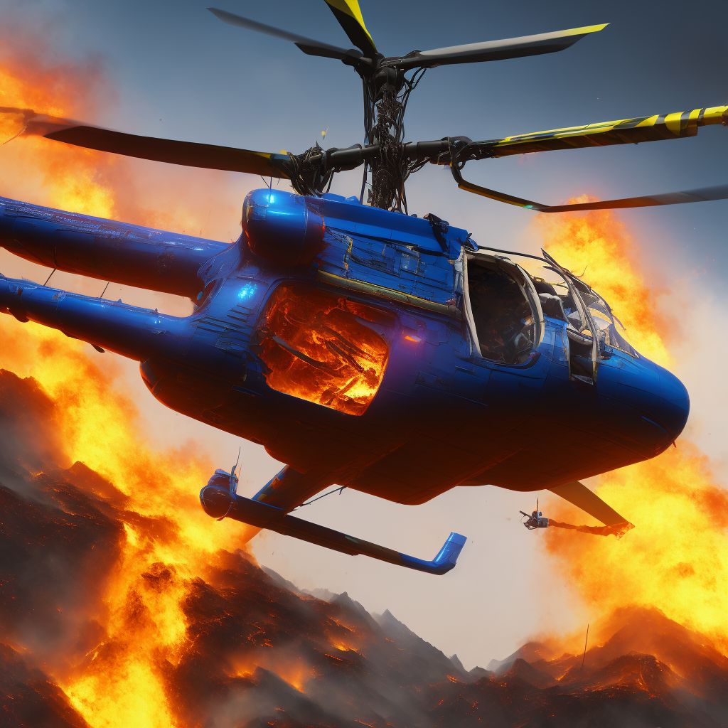 Helicopter fire injuring occupant, sequela digital illustration