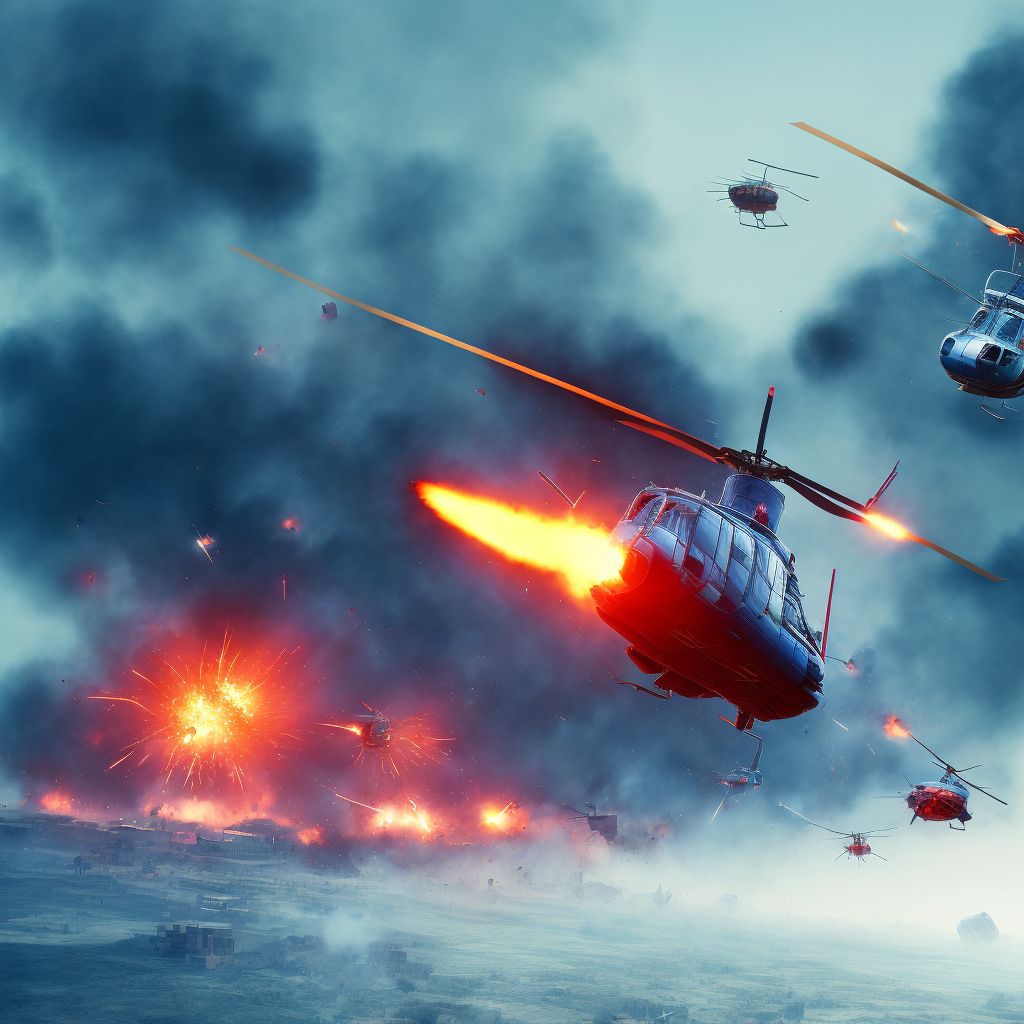 Helicopter explosion injuring occupant, initial encounter digital illustration