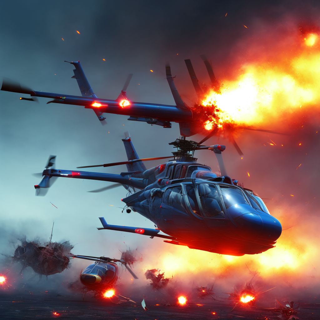 Helicopter explosion injuring occupant, subsequent encounter digital illustration