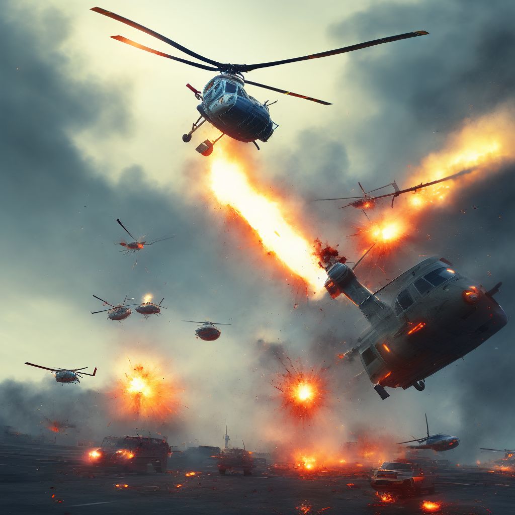 Helicopter explosion injuring occupant, sequela digital illustration