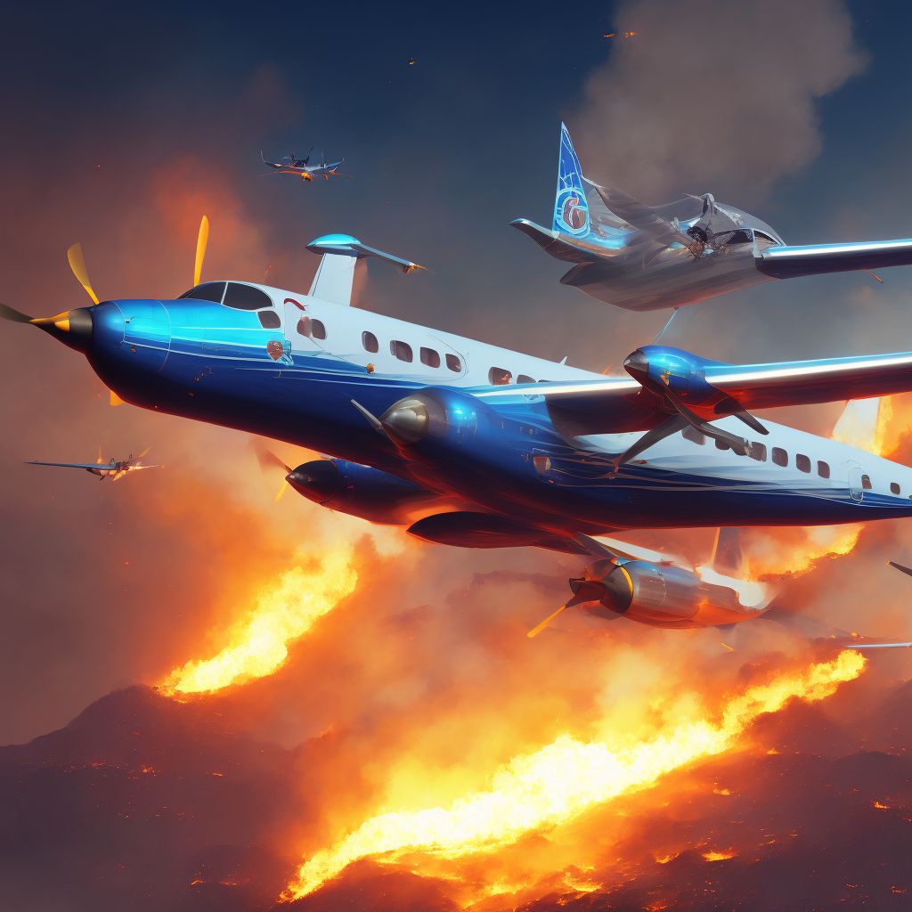 Commercial fixed-wing aircraft fire injuring occupant, subsequent encounter digital illustration