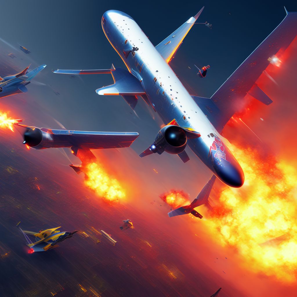 Commercial fixed-wing aircraft explosion injuring occupant, initial encounter digital illustration