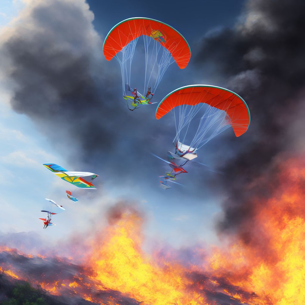 Hang-glider fire injuring occupant, sequela digital illustration