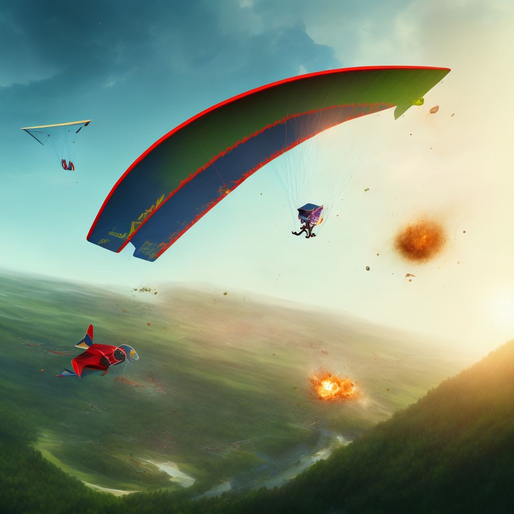 Hang-glider explosion injuring occupant, subsequent encounter digital illustration