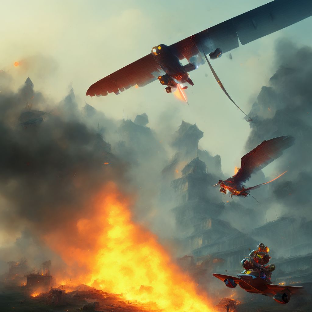 Glider (nonpowered) fire injuring occupant, subsequent encounter digital illustration