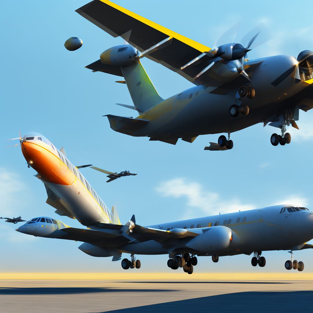 Civilian aircraft involved in air transport accident with military aircraft, sequela digital illustration