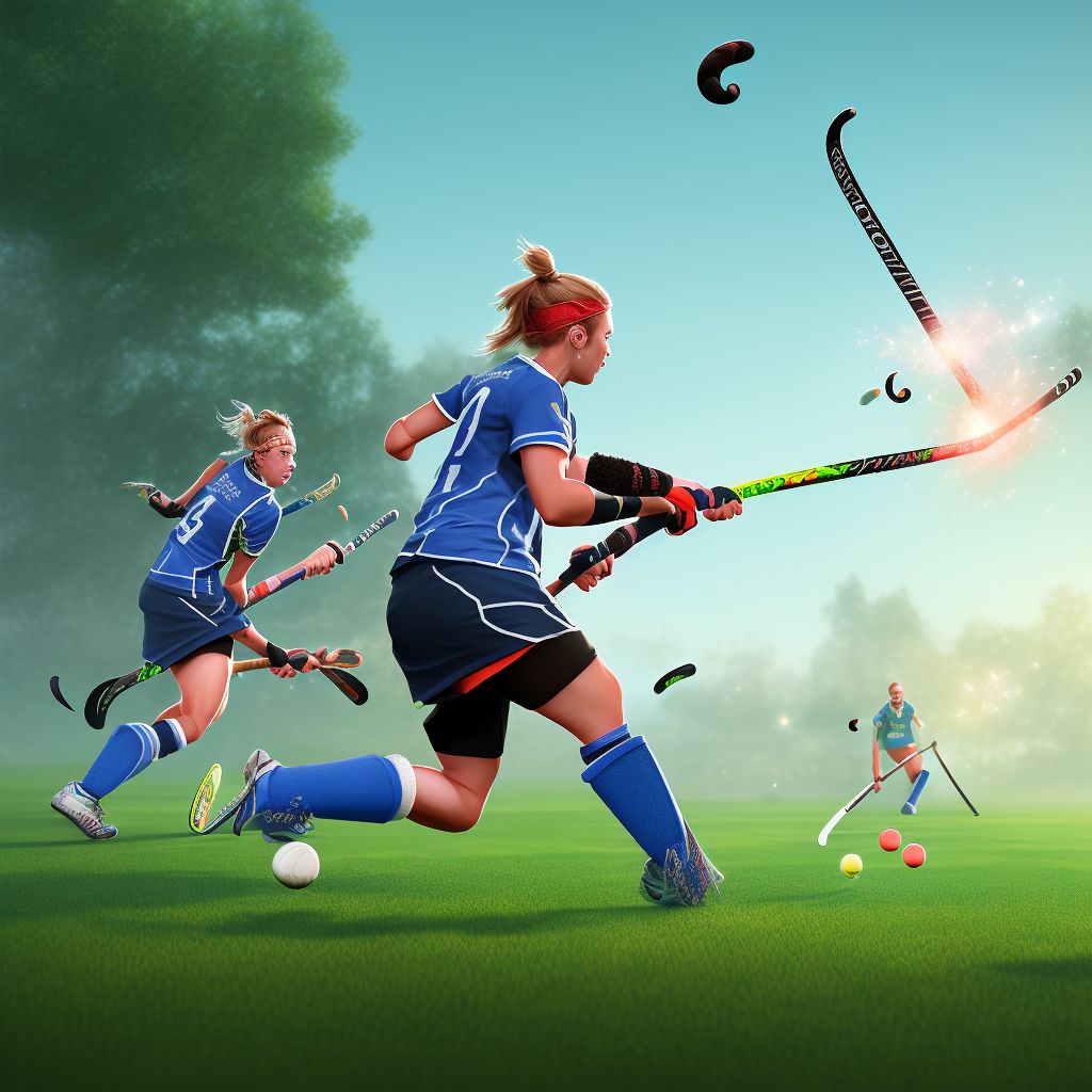 Struck by field hockey puck, initial encounter digital illustration