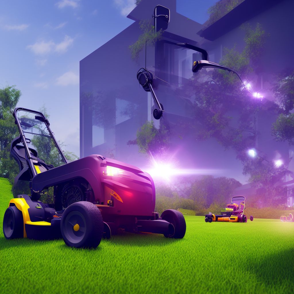 Contact with powered lawn mower, initial encounter digital illustration