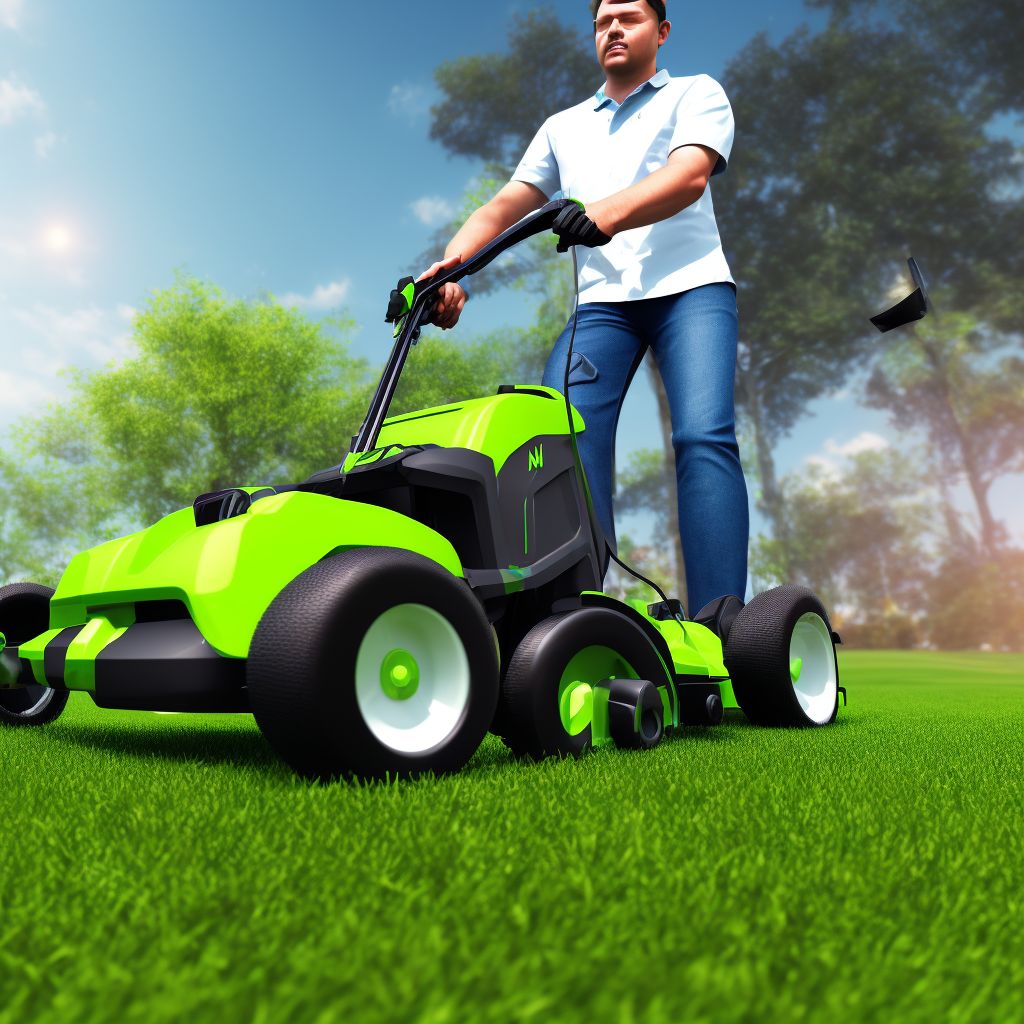 Contact with powered lawn mower, subsequent encounter digital illustration