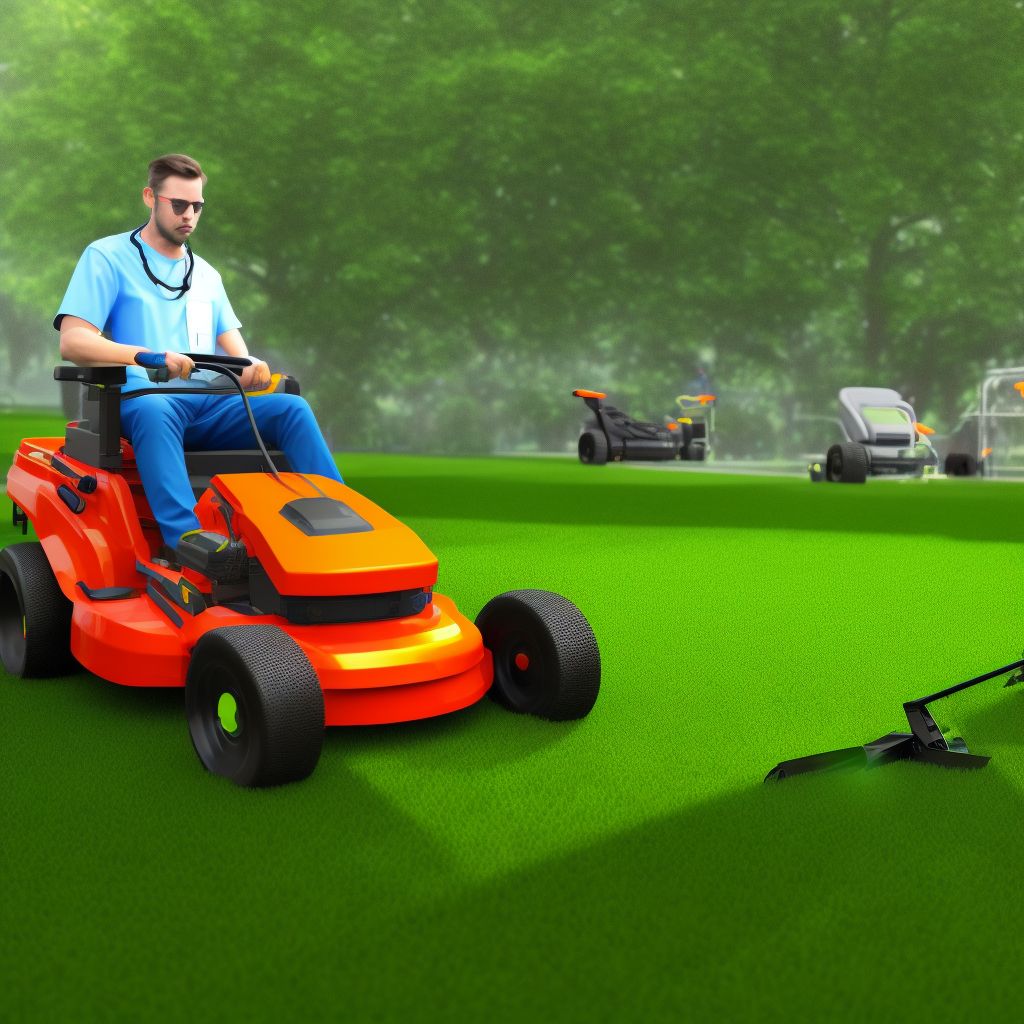 Contact with powered lawn mower, sequela digital illustration