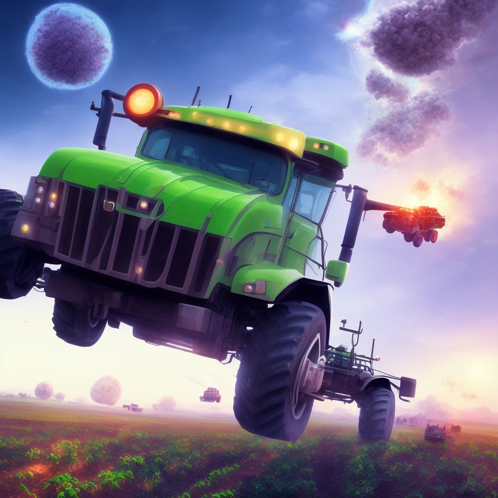 Contact with agricultural transport vehicle in stationary use, subsequent encounter digital illustration