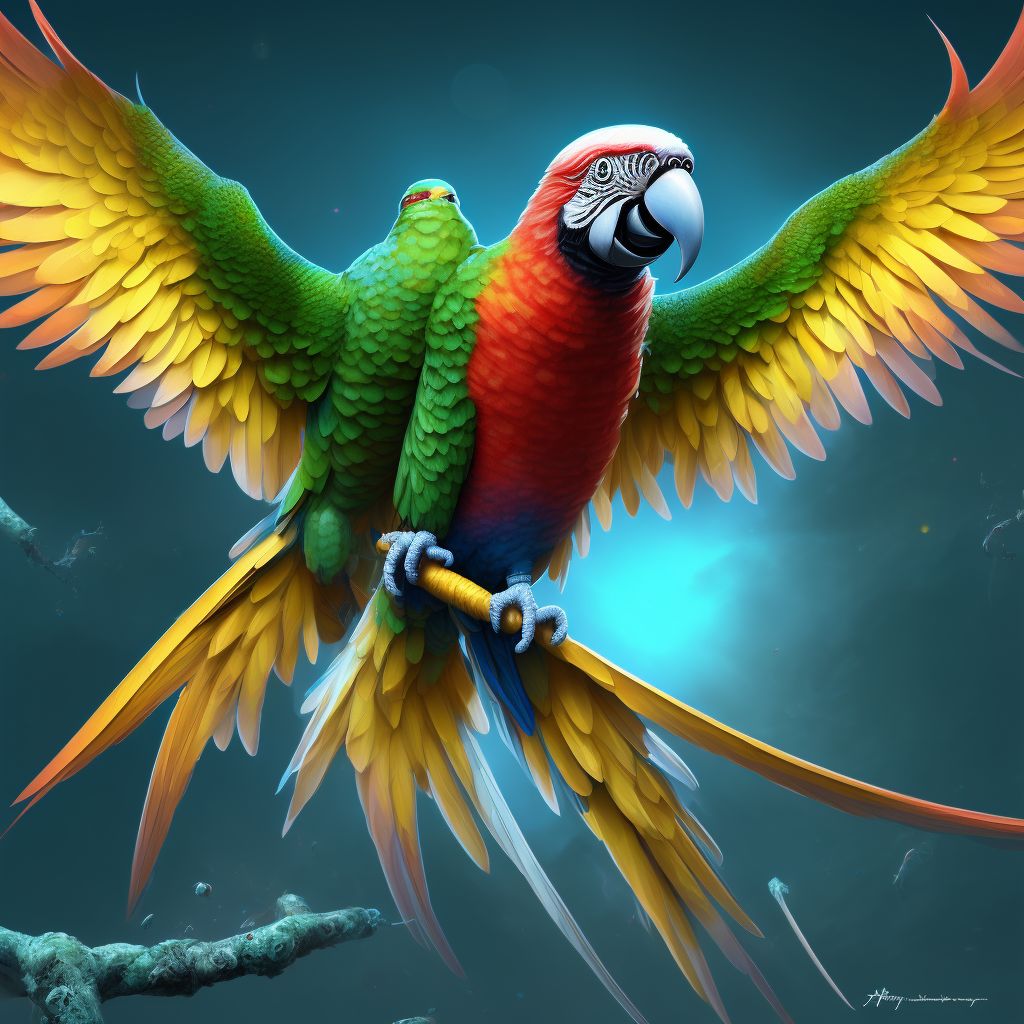 Bitten by parrot, subsequent encounter digital illustration