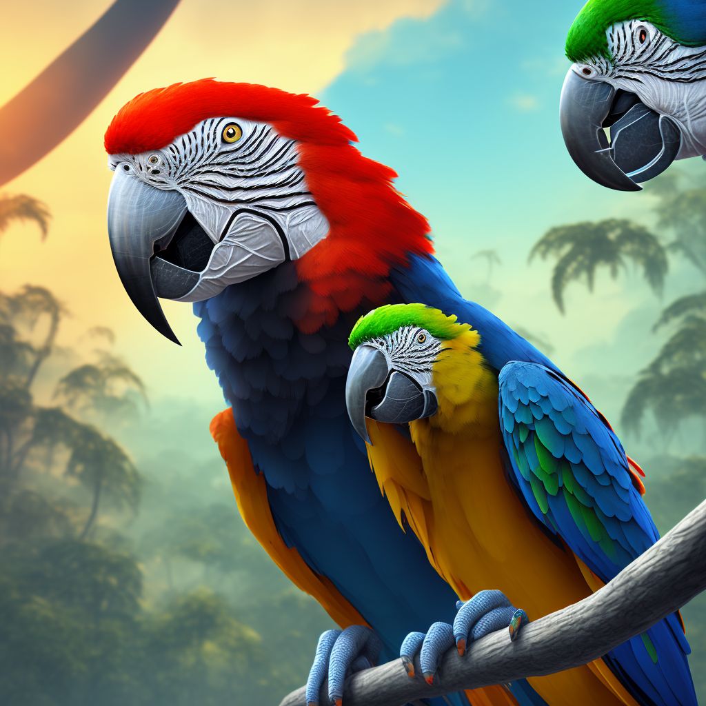 Struck by macaw, initial encounter digital illustration