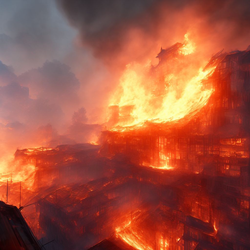 Exposure to flames in uncontrolled fire in building or structure, sequela digital illustration