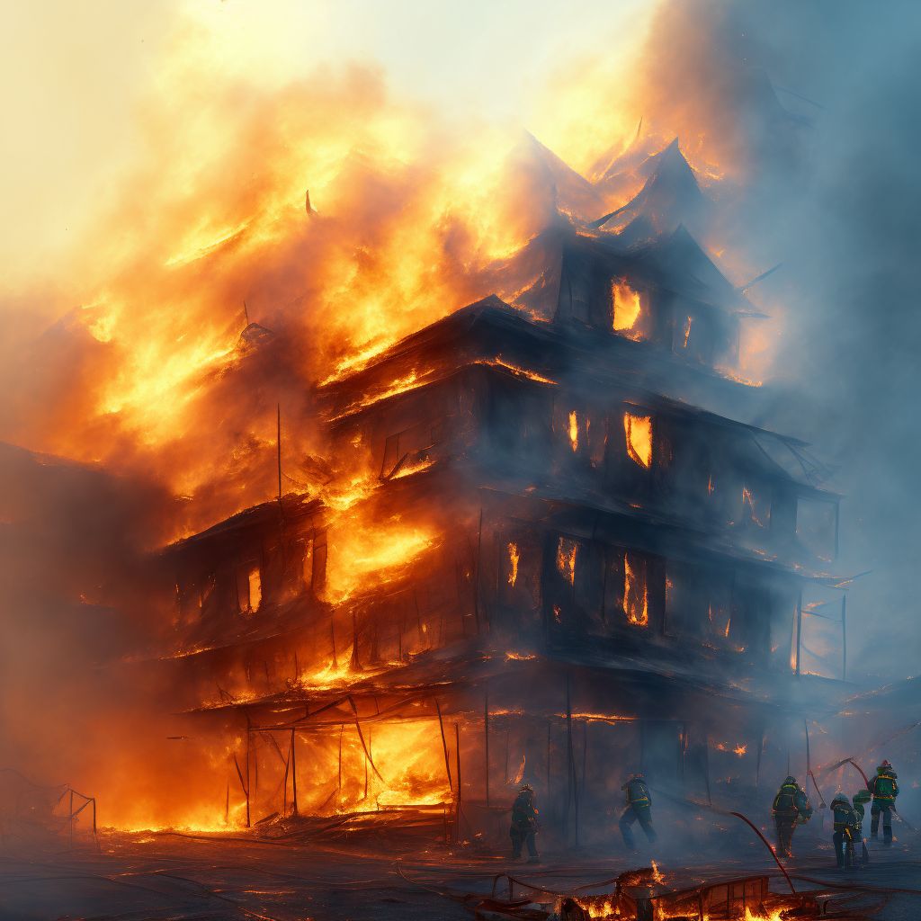 Fall from burning building or structure in uncontrolled fire, subsequent encounter digital illustration