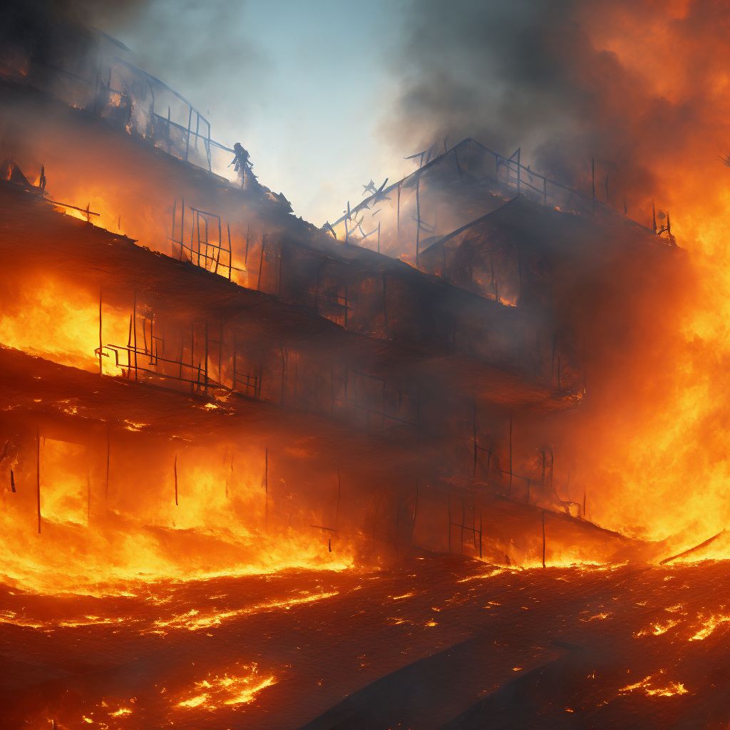 Fall from burning building or structure in uncontrolled fire, sequela digital illustration