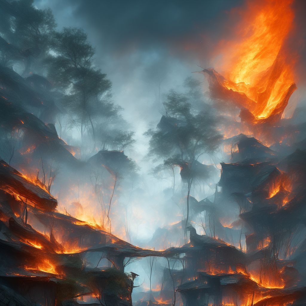 Fall due to uncontrolled fire, not in building or structure, subsequent encounter digital illustration