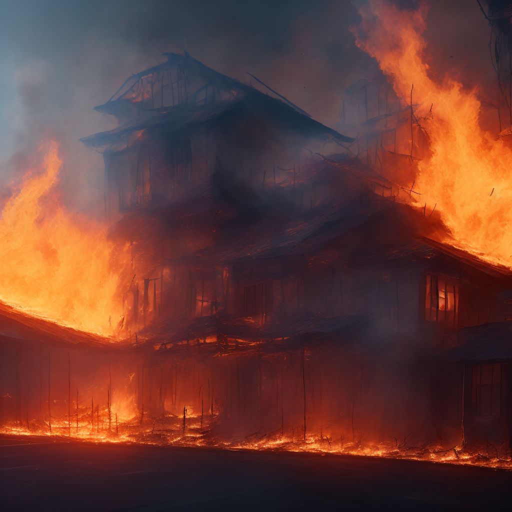 Exposure to flames in controlled fire in building or structure, subsequent encounter digital illustration