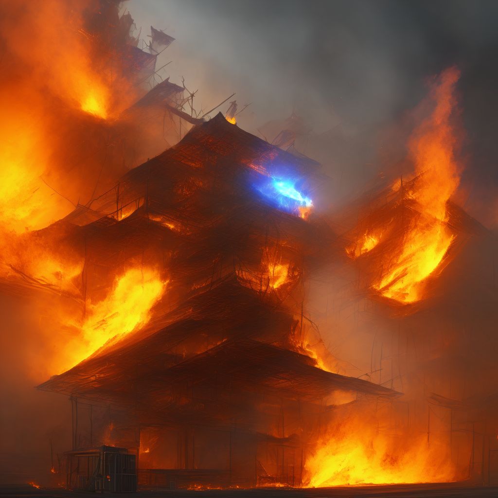 Exposure to flames in controlled fire in building or structure, sequela digital illustration