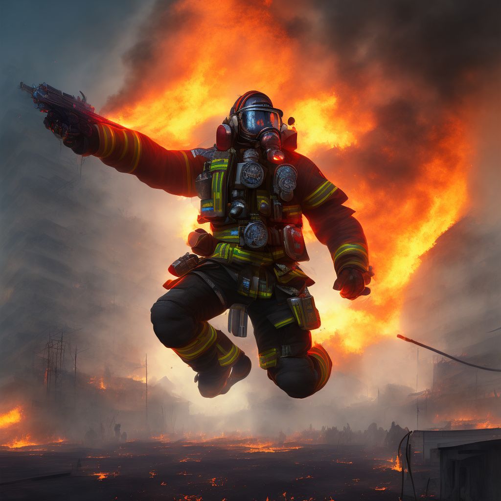 Jump from burning building or structure in controlled fire, subsequent encounter digital illustration