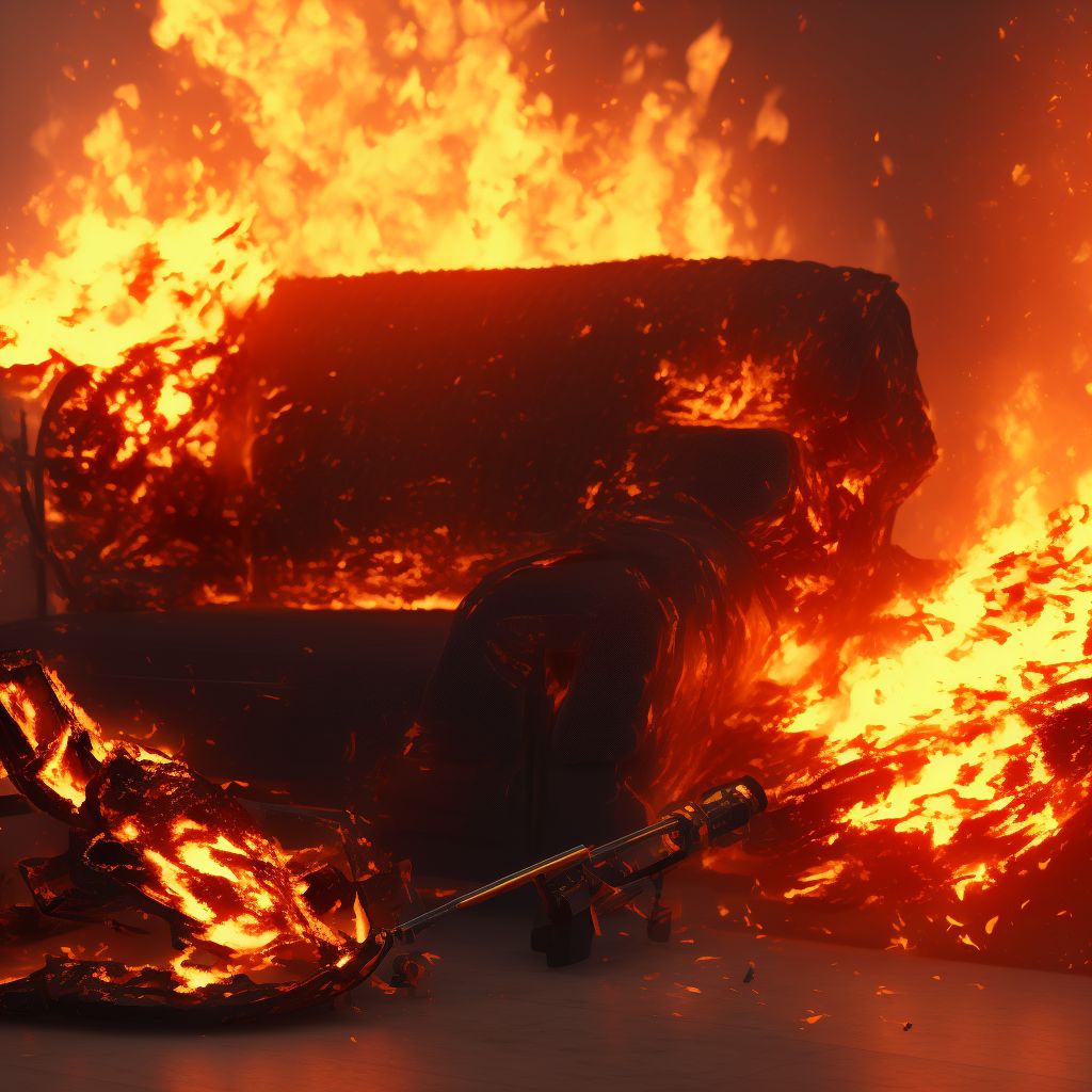 Exposure to sofa fire due to other burning material, initial encounter digital illustration