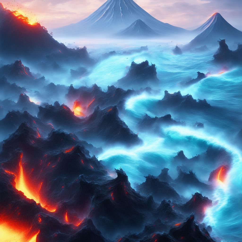 Tidal wave due to earthquake or volcanic eruption, initial encounter digital illustration