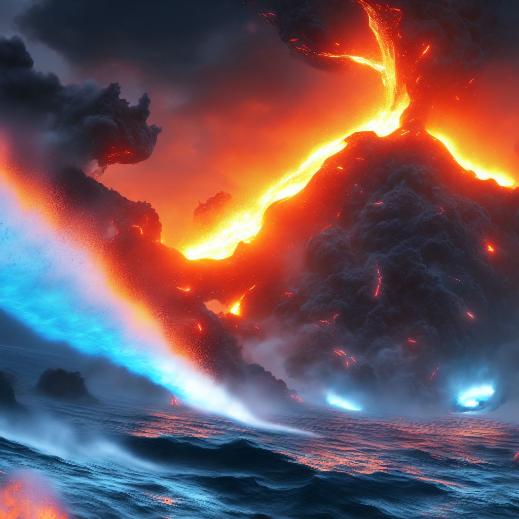 Tidal wave due to earthquake or volcanic eruption, subsequent encounter digital illustration