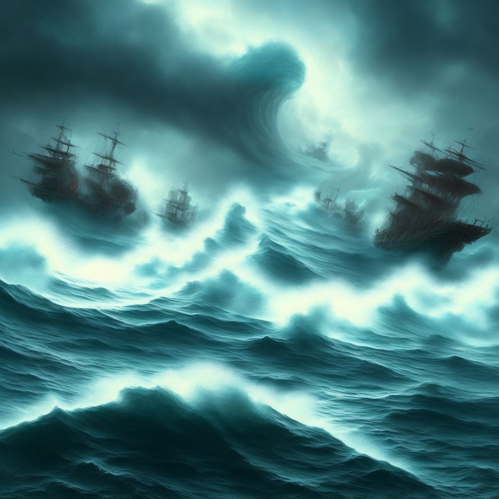 Tidal wave due to storm, subsequent encounter digital illustration