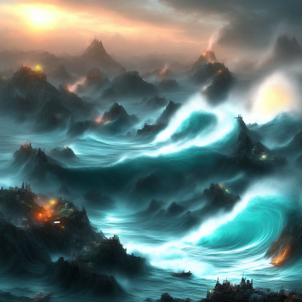 Tidal wave due to landslide, initial encounter digital illustration