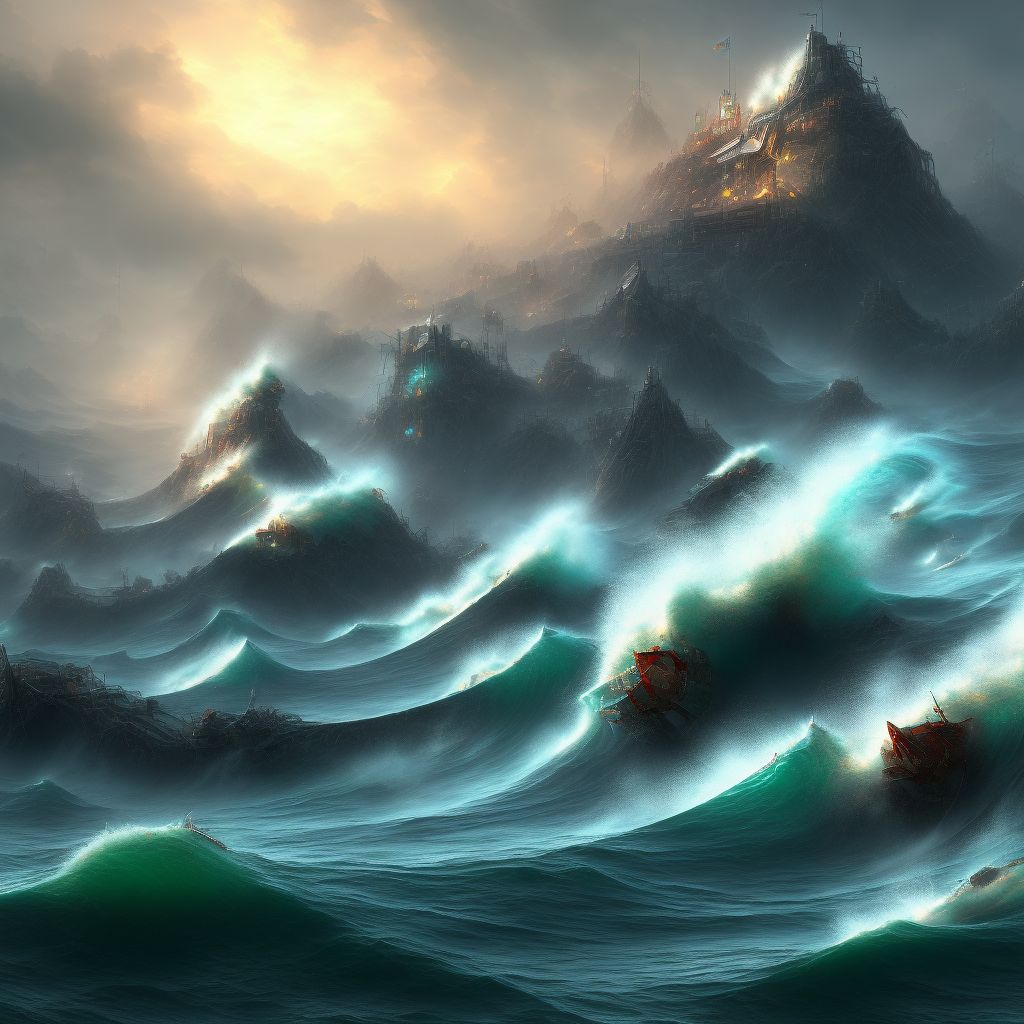 Tidal wave due to landslide, subsequent encounter digital illustration