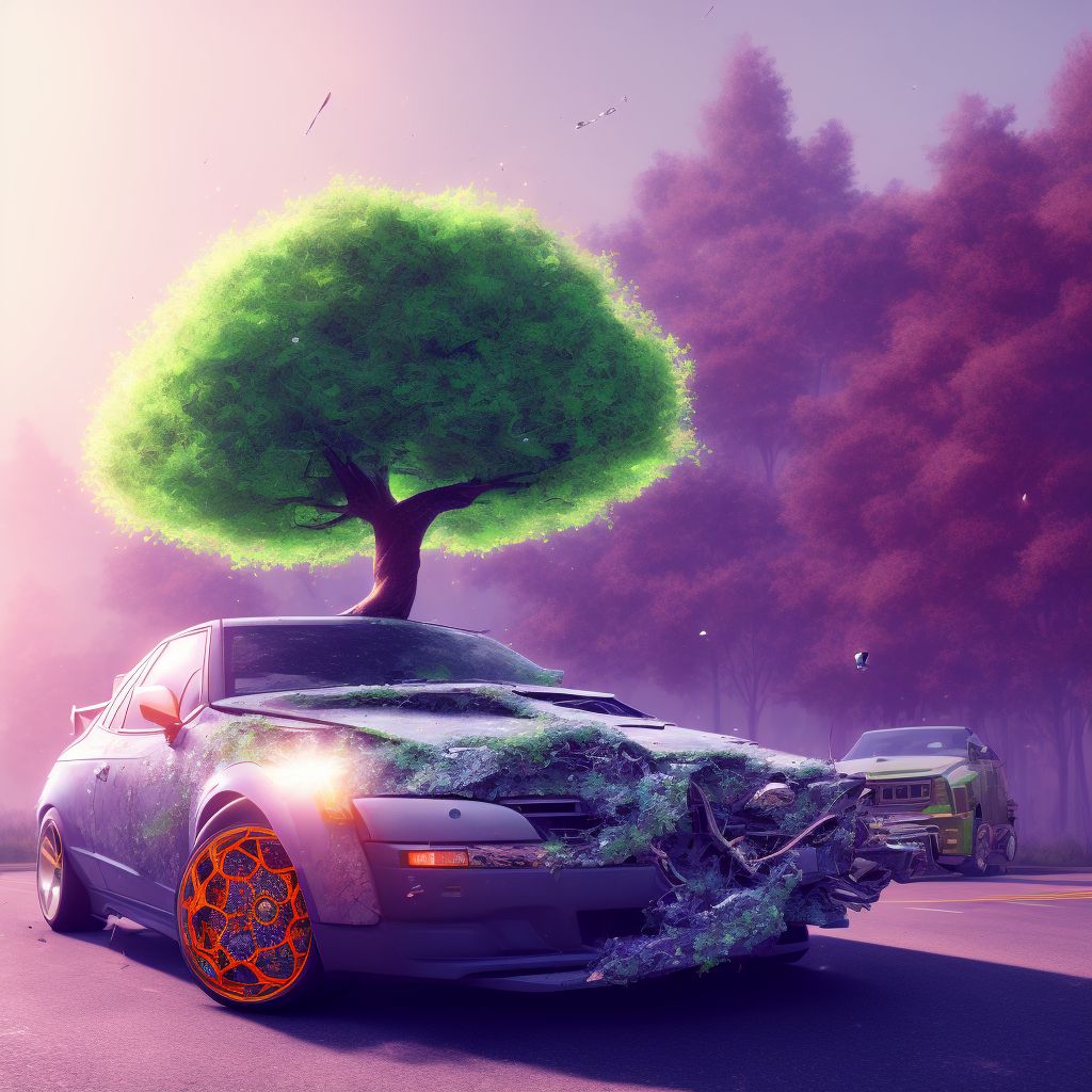 Intentional collision of motor vehicle with tree, initial encounter digital illustration