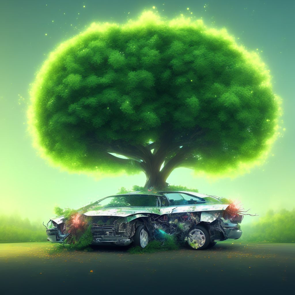 Intentional collision of motor vehicle with tree, sequela digital illustration