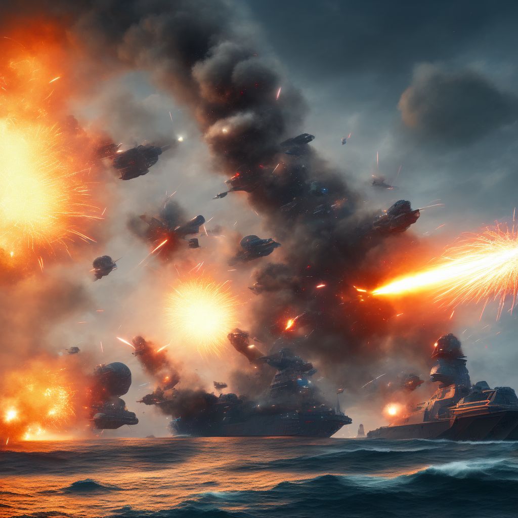 War operations involving explosion of sea-based artillery shell, civilian, sequela digital illustration