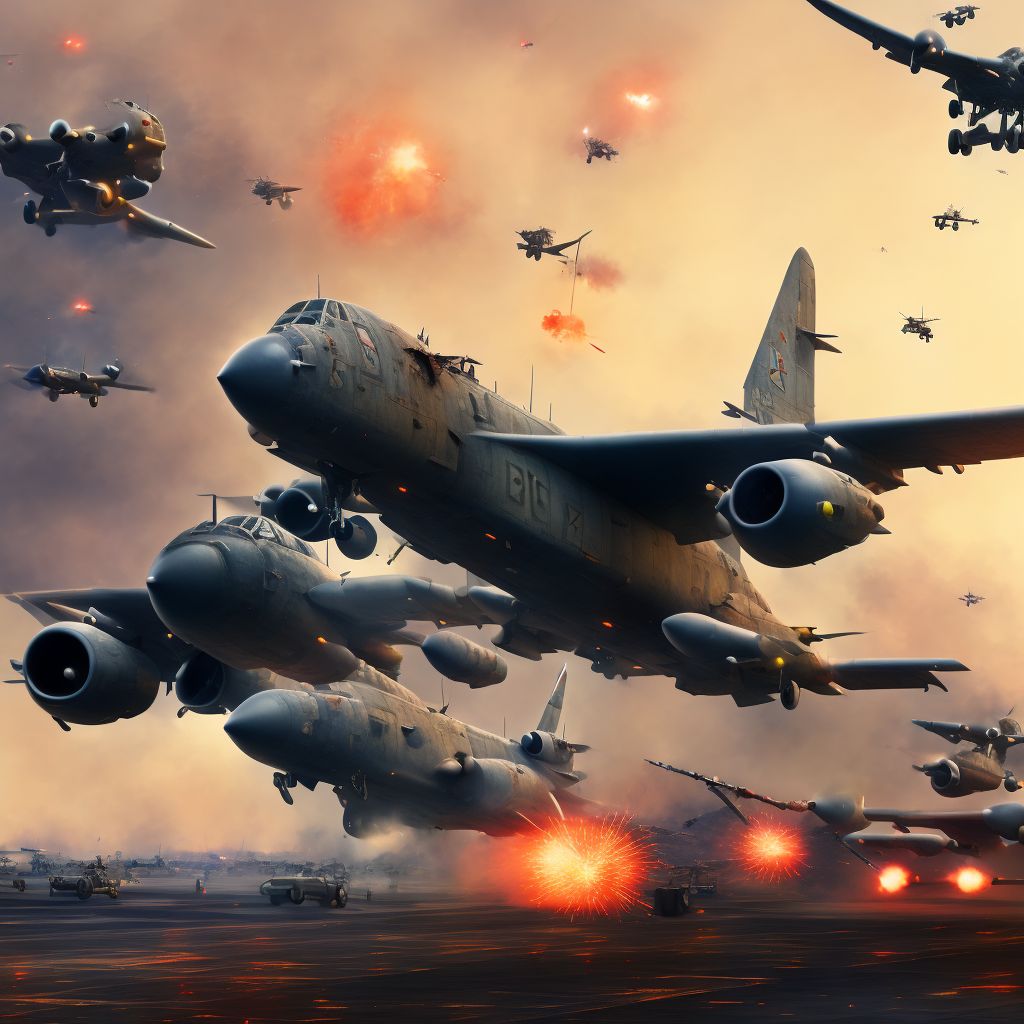 War operations involving destruction of aircraft due to enemy fire or explosives, military personnel, subsequent encounter digital illustration