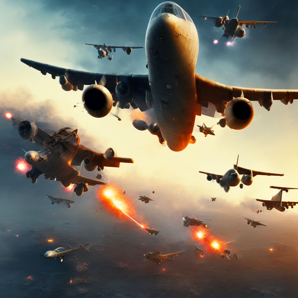 War operations involving destruction of aircraft due to onboard fire, military personnel, initial encounter digital illustration